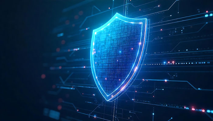 Seguridad digital con un escudo azul sobre un fondo futurista para el Día de Cambiar la Contraseña